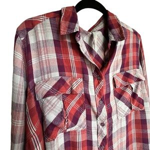 Melissa McCarthy Seven7 High-Low Side Slit, Pleated Flowy Back Flannel 2X